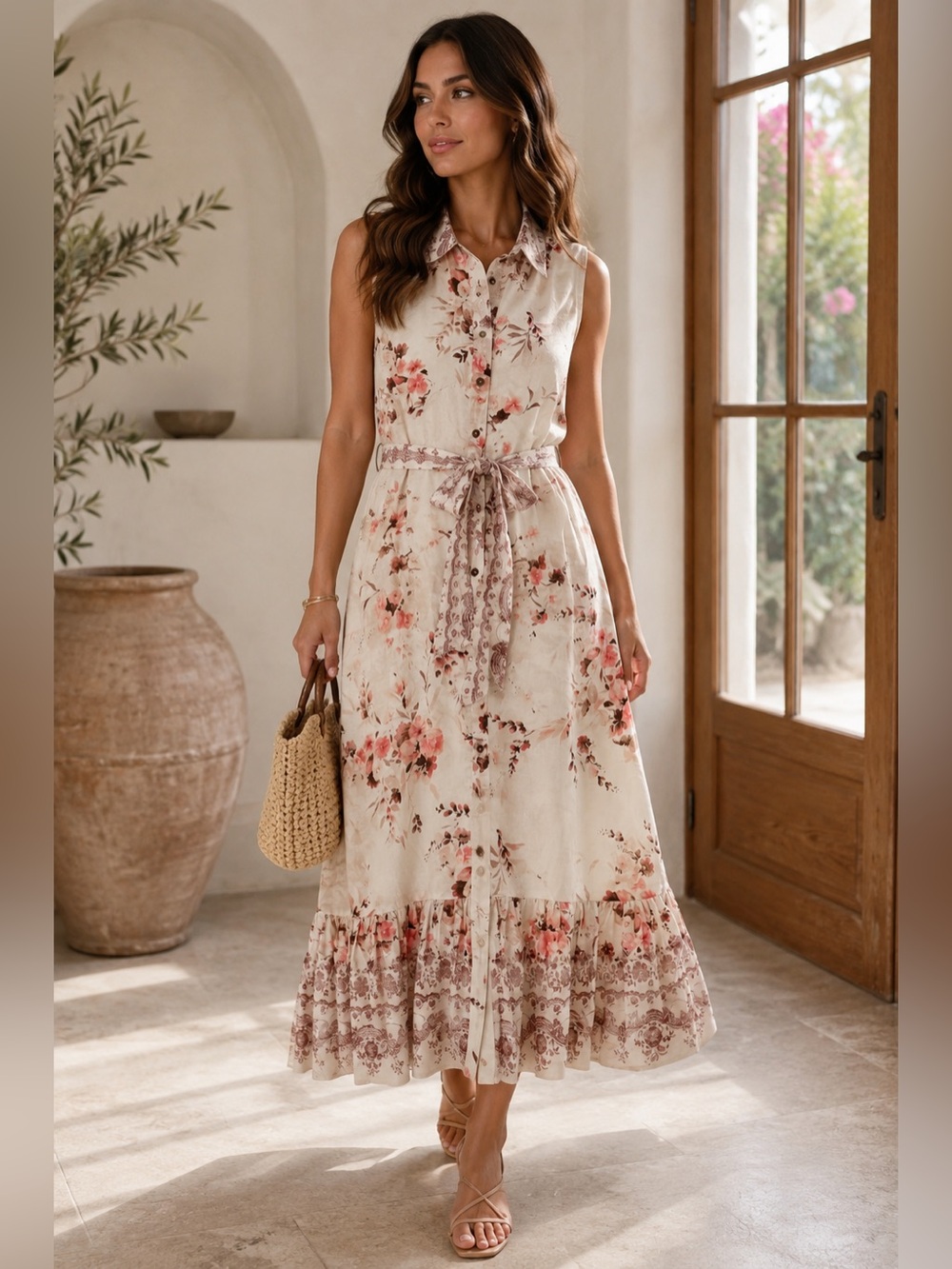 Elie Tahari Blushing Garden Linen Blend Floral Maxi Dress NWT Size 10